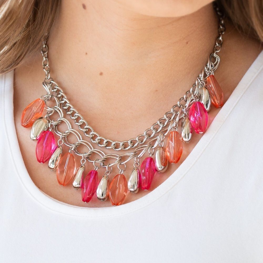 Beautiful spring chain and pink/peach/ silver bead drops necklace